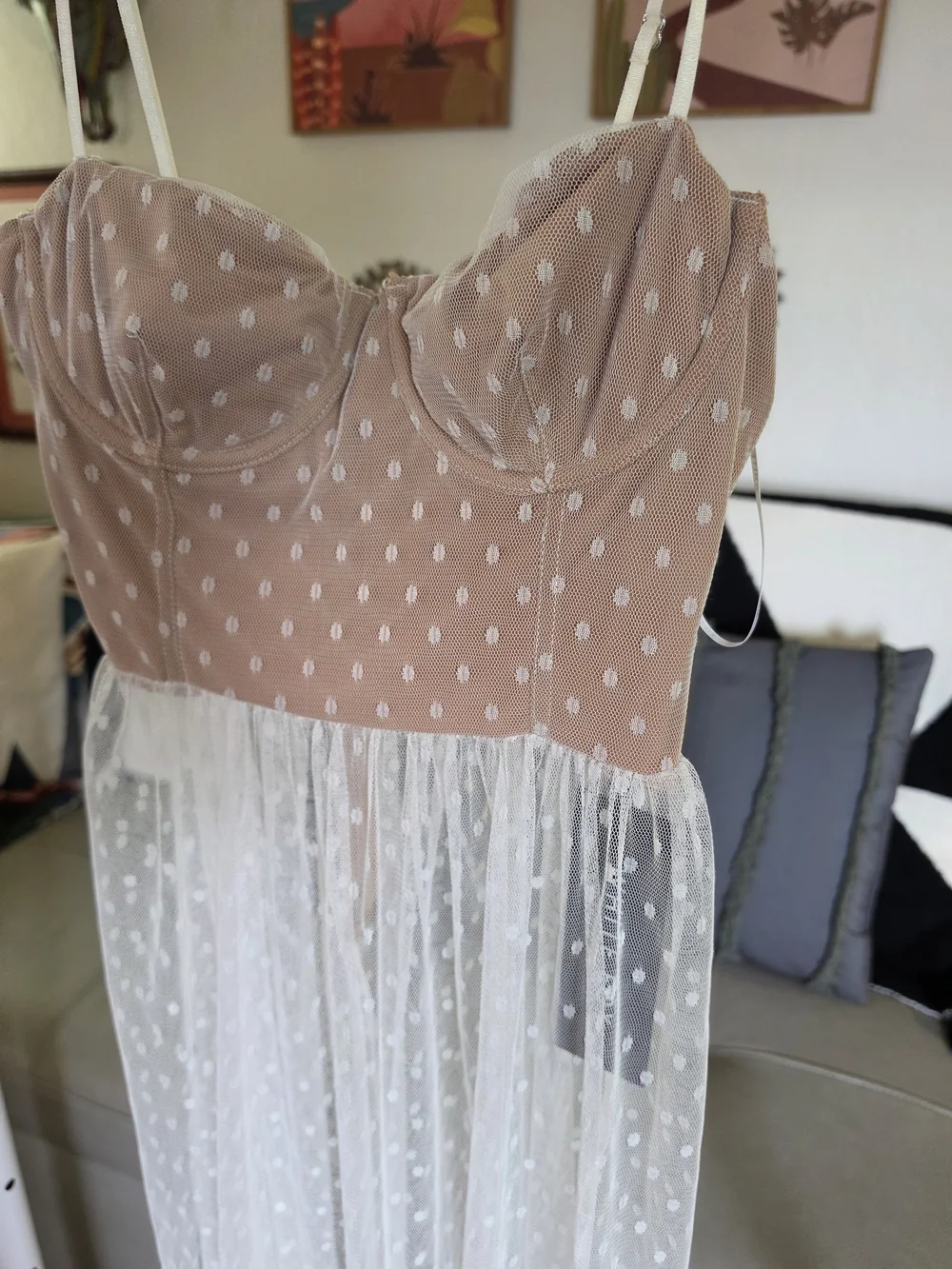 NWT White Fox Totally Bangin Mesh Maxi Dress White Polka Dot Bustier Sm - Picture 6 of 7